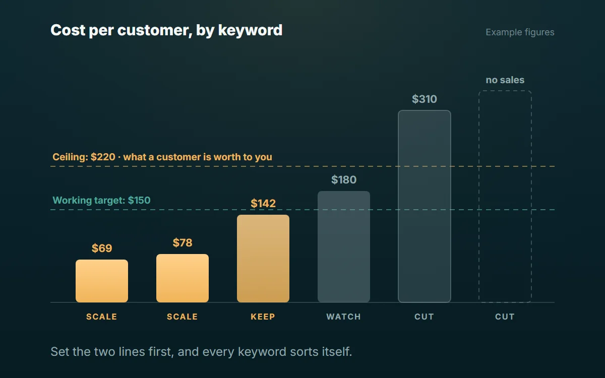 Example bar chart of cost per customer by keyword, with a working target line and a ceiling line. Keywords under the target are marked scale; keywords above the ceiling are marked cut.