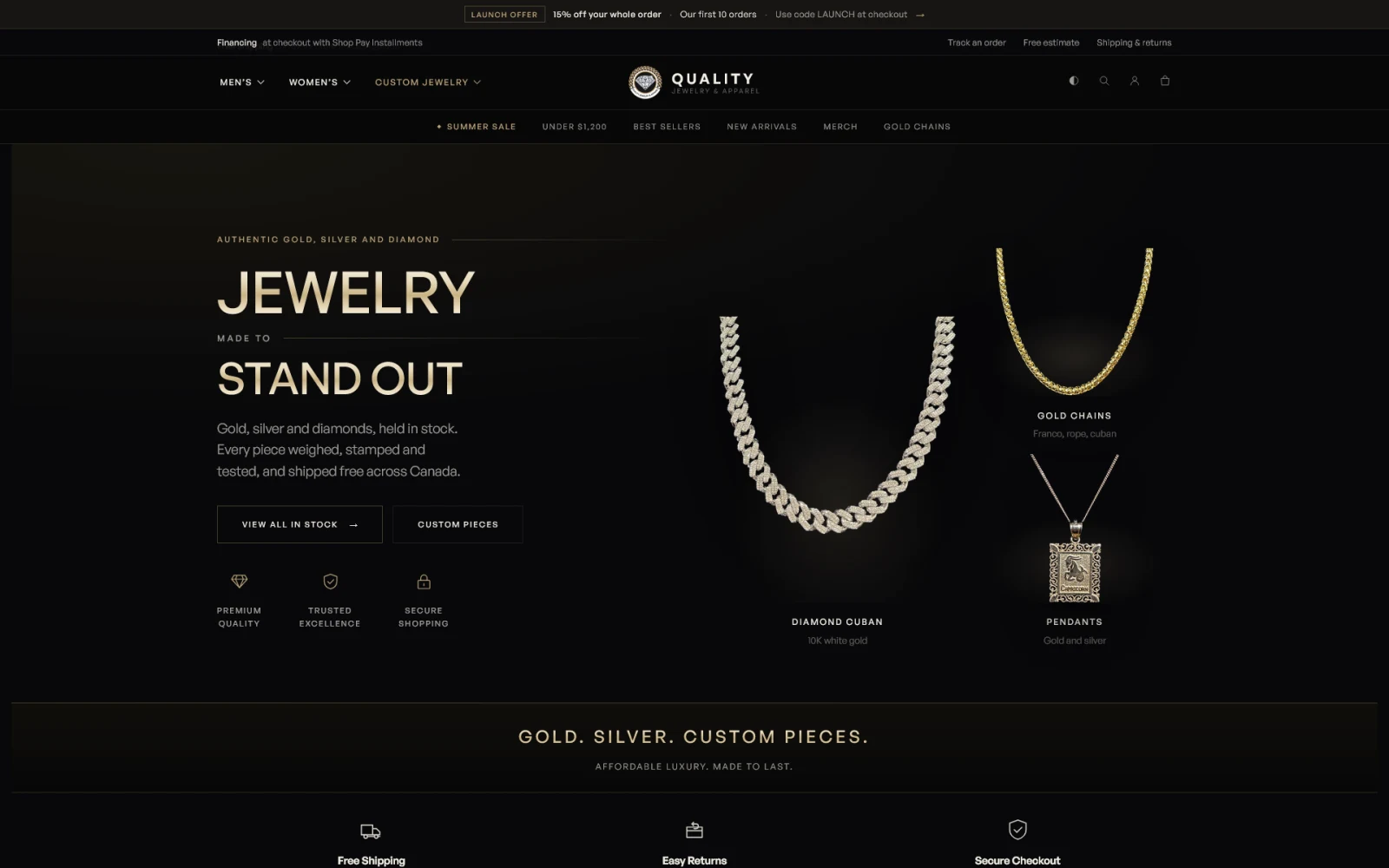 The rebuilt Quality Jewelry and Apparel homepage: a dark storefront with the in-stock chains, price and category shortcuts, and a launch offer bar