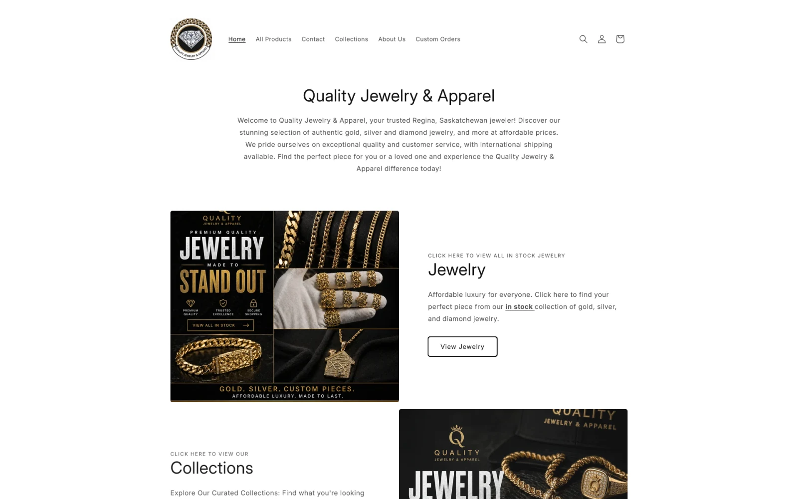 The old Quality Jewelry and Apparel homepage: a white stock theme with a paragraph of welcome text and no products in view
