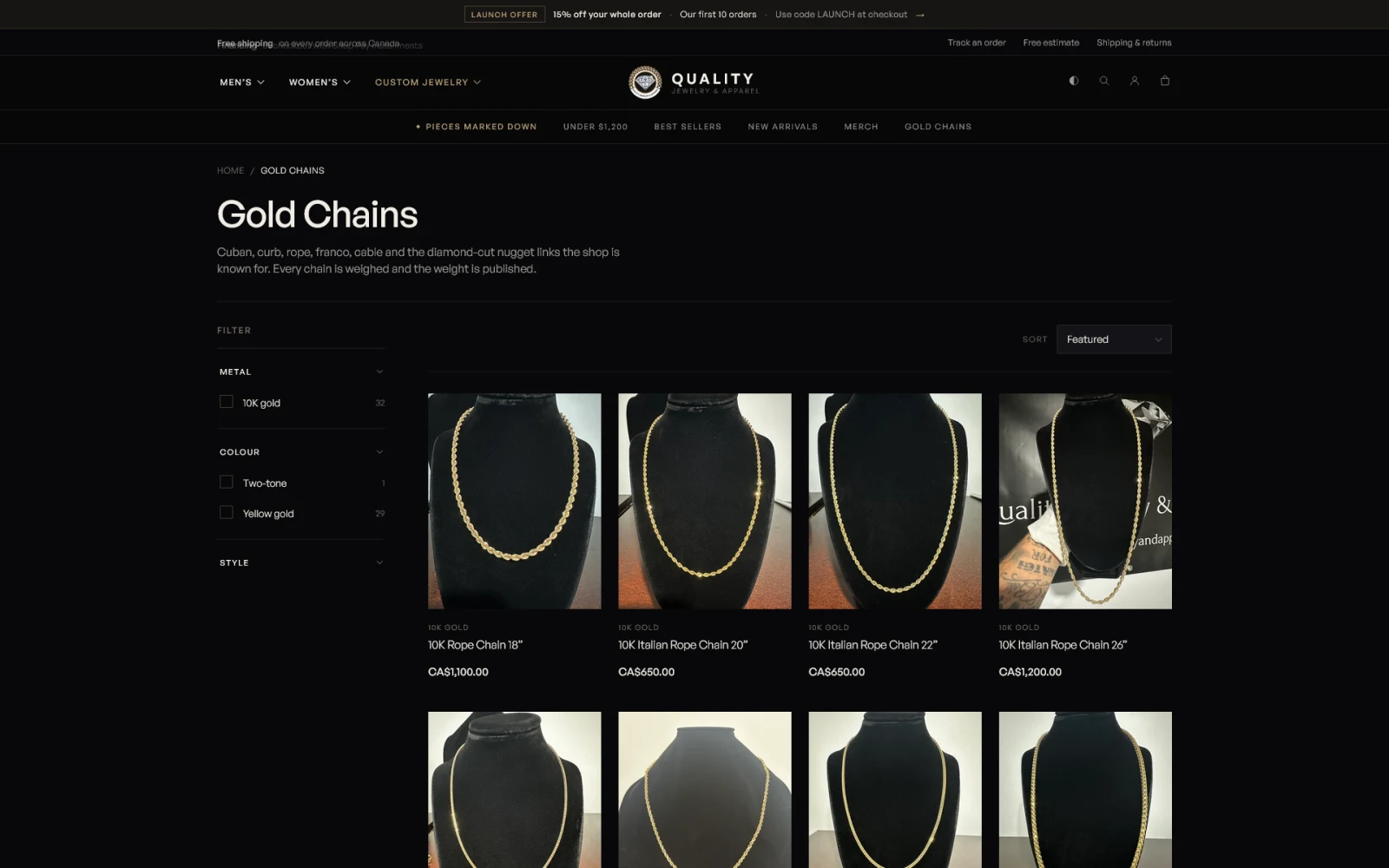 The new gold chains collection: filters for metal, colour and style, with weight and price on every card